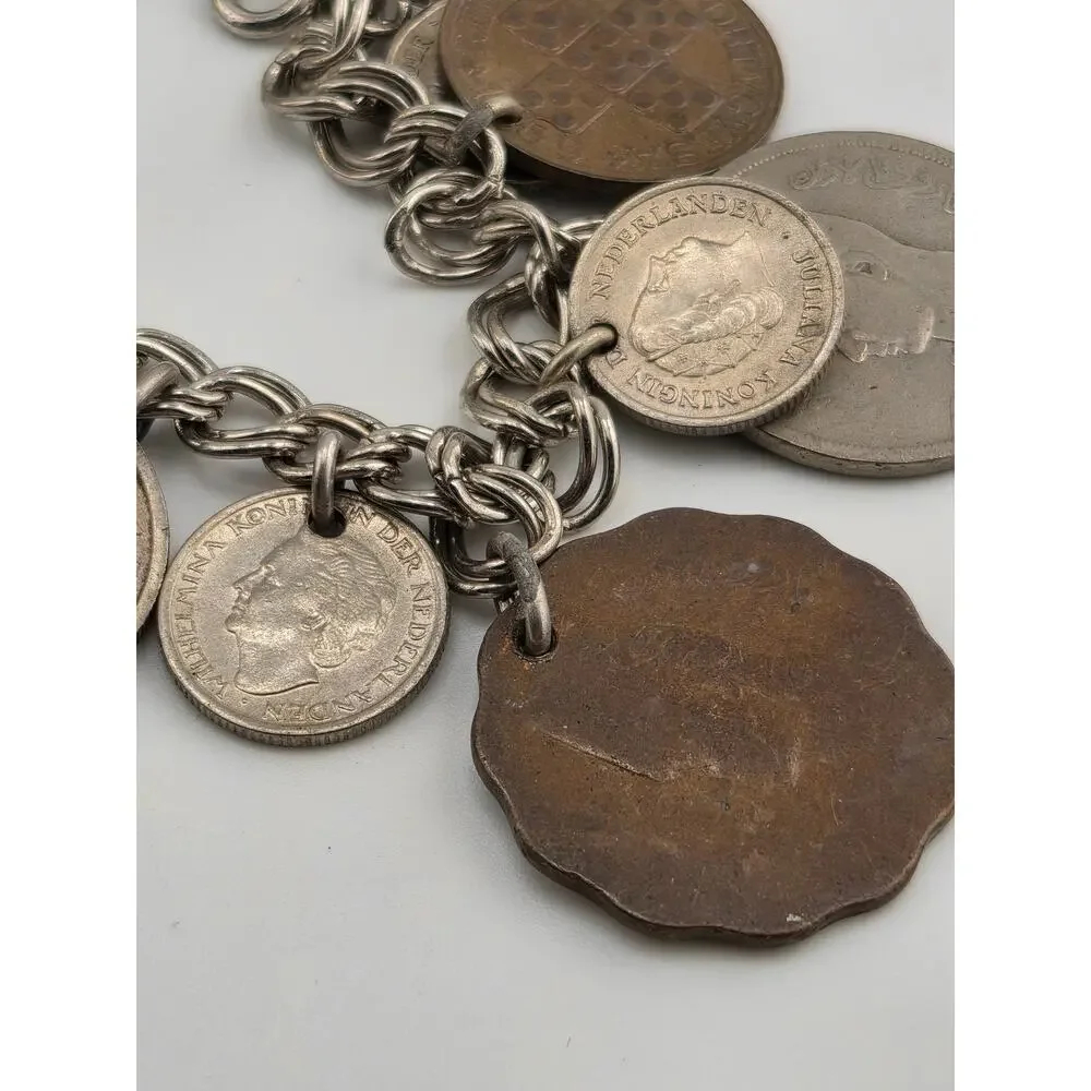 Vintage World Coin Charm Bracelet International Coins Egypt Greece UK 6.75